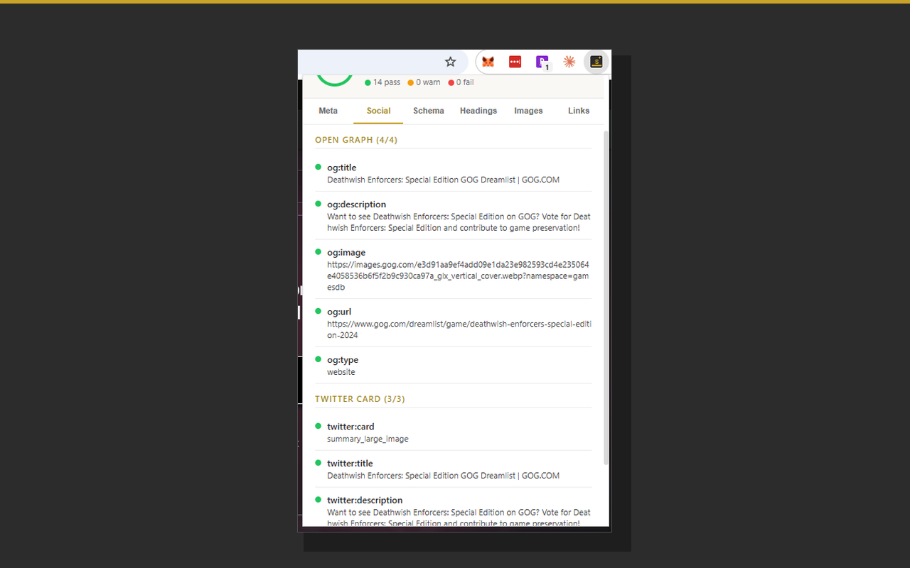 SEObolt SEO Checker Chrome extension popup showing overall SEO score and category breakdown for a webpage