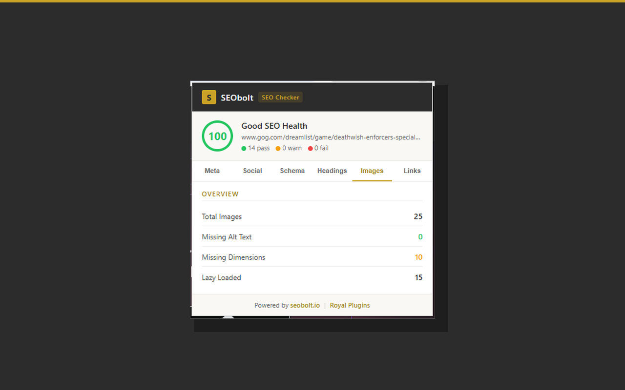SEObolt extension Meta and Social tabs showing pass/fail status for each tag