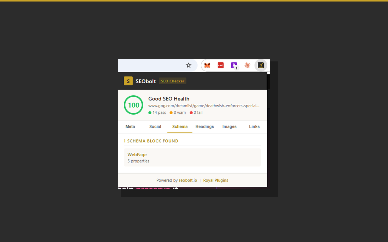 SEObolt extension Schema tab with JSON-LD block detection and property counts