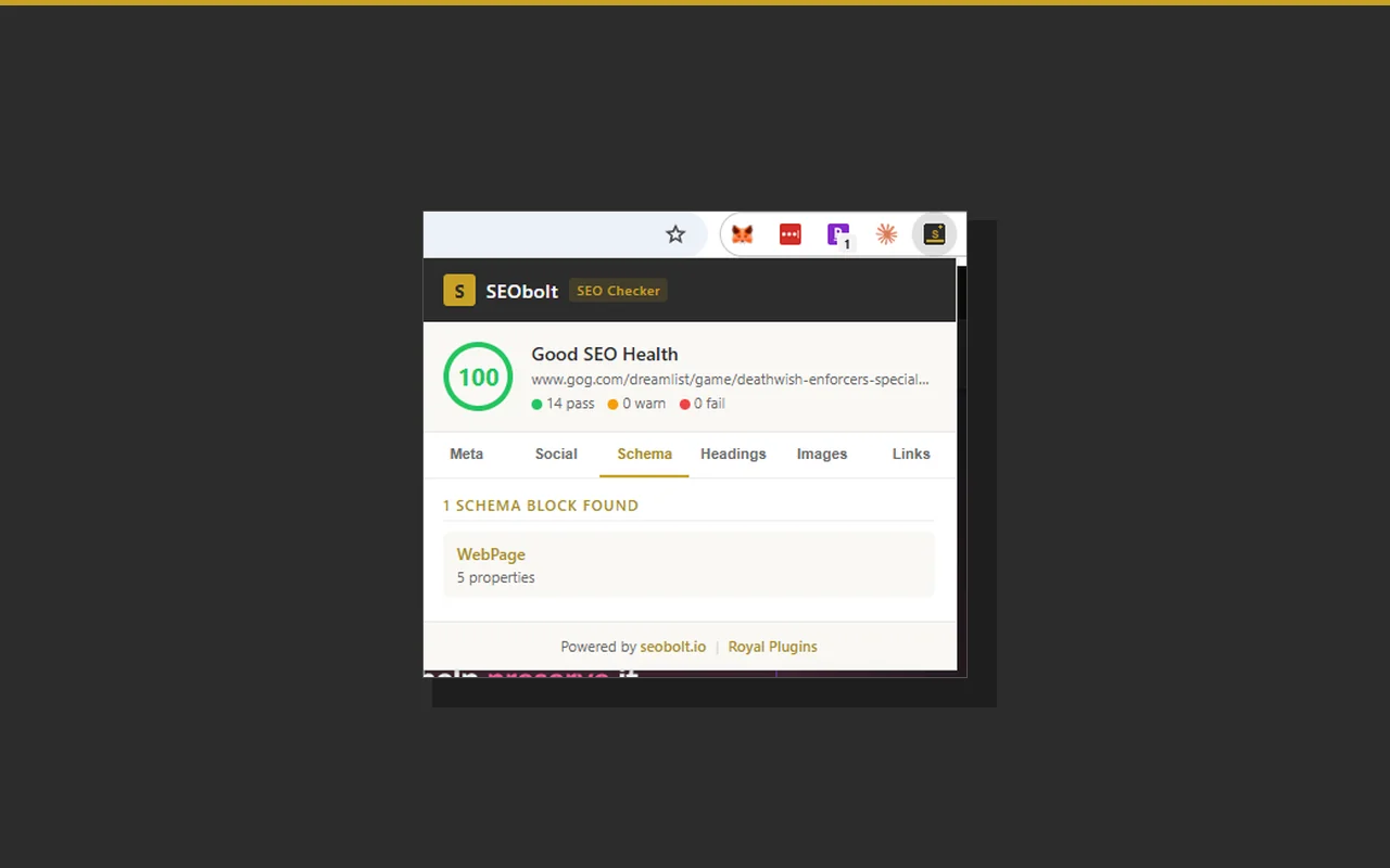 SEObolt extension Schema tab with JSON-LD block detection and property counts