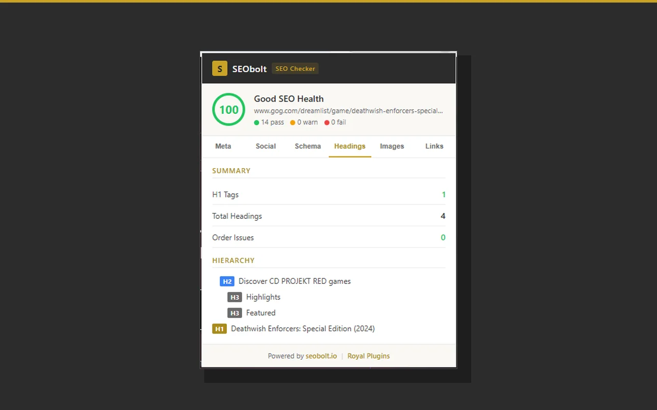 SEObolt extension Headings tab with H1-H6 hierarchy tree view