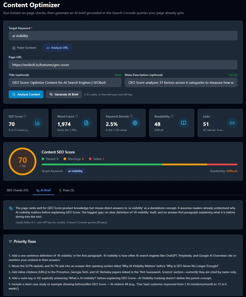 SEObolt Content Optimizer: on-page SEO score, stat cards and an AI brief with priority fixes for the keyword ai visibility