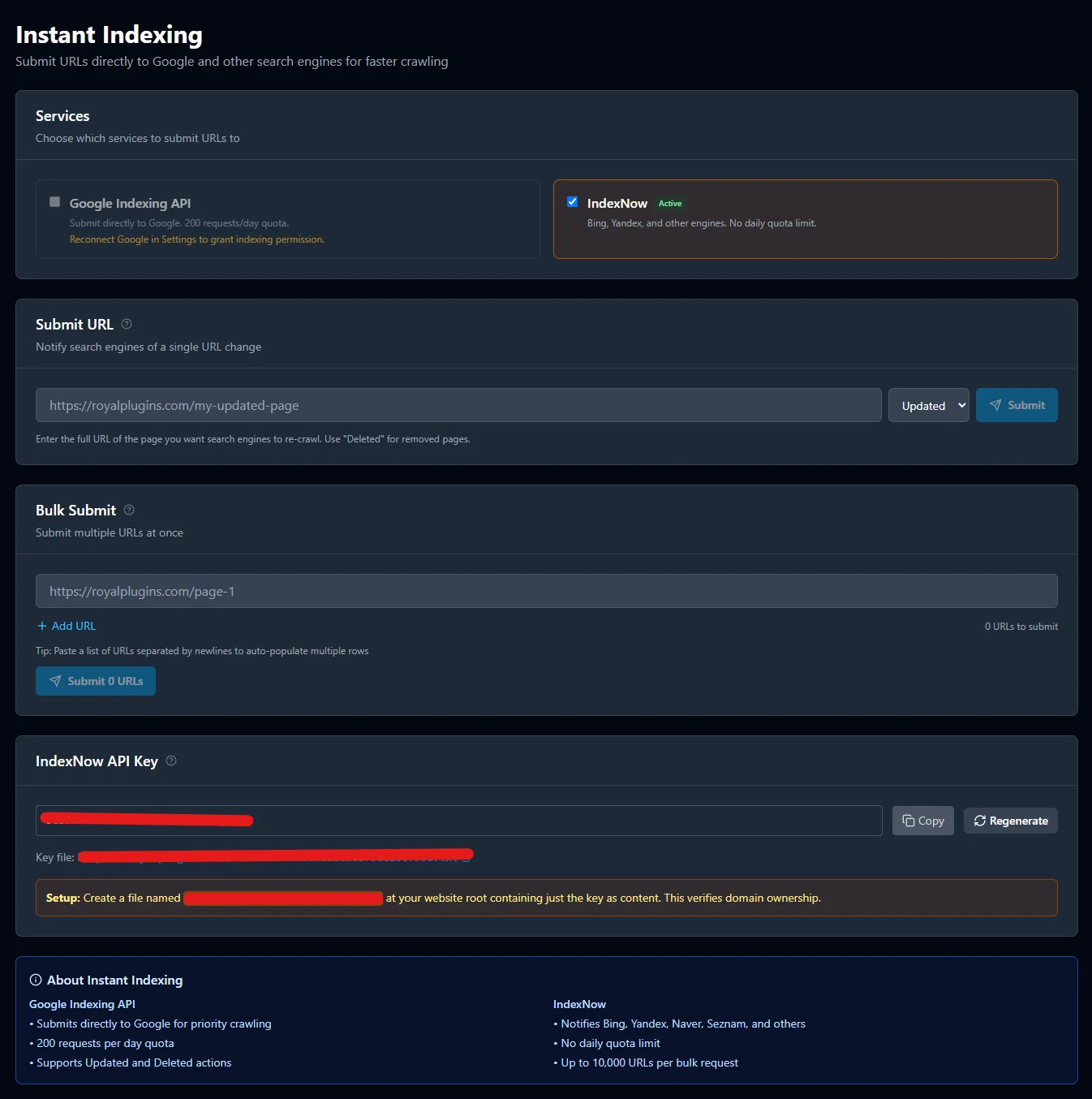 SEObolt Instant Indexing dashboard showing Google Indexing API and IndexNow submission toggles, Submit URL and Bulk Submit forms, and per-property IndexNow key management for Bing, Yandex, Naver, and Seznam