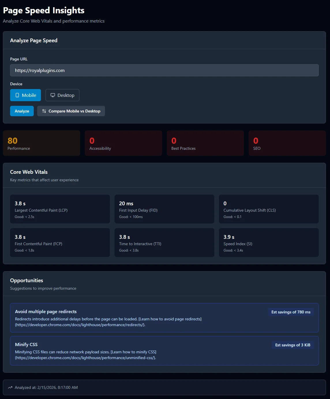 SEObolt Page Speed — Core Web Vitals monitoring with LCP, INP, CLS tracking and historical trends