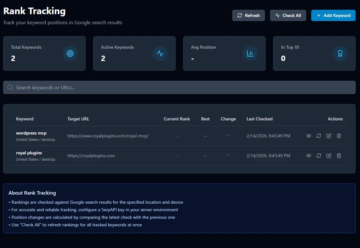 SEObolt Rank Tracking — daily keyword position tracking with Google and AI search visibility