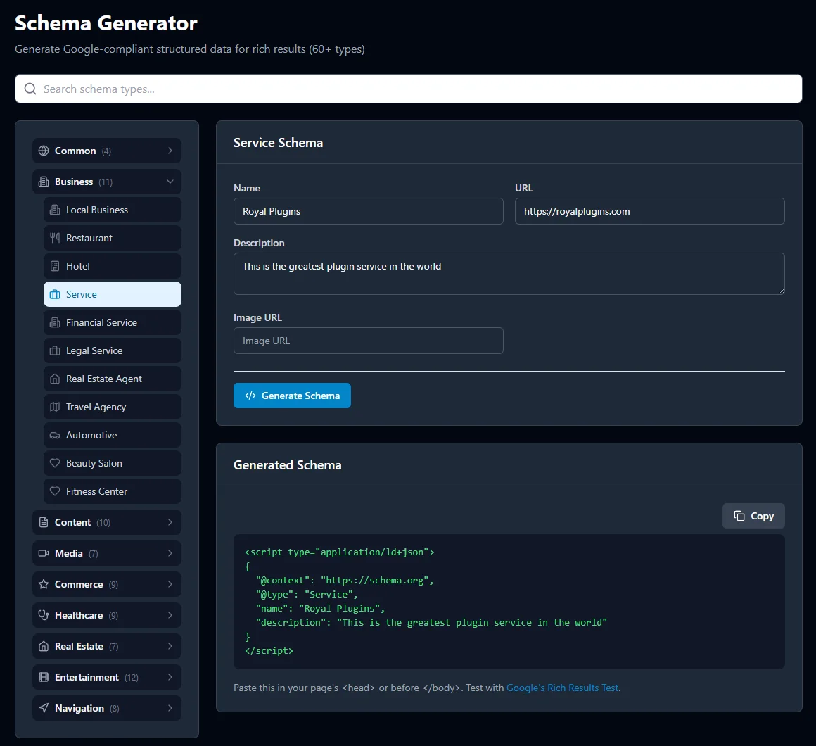 SEObolt Schema Generator — visual form builder for 63+ JSON-LD schema types with live preview
