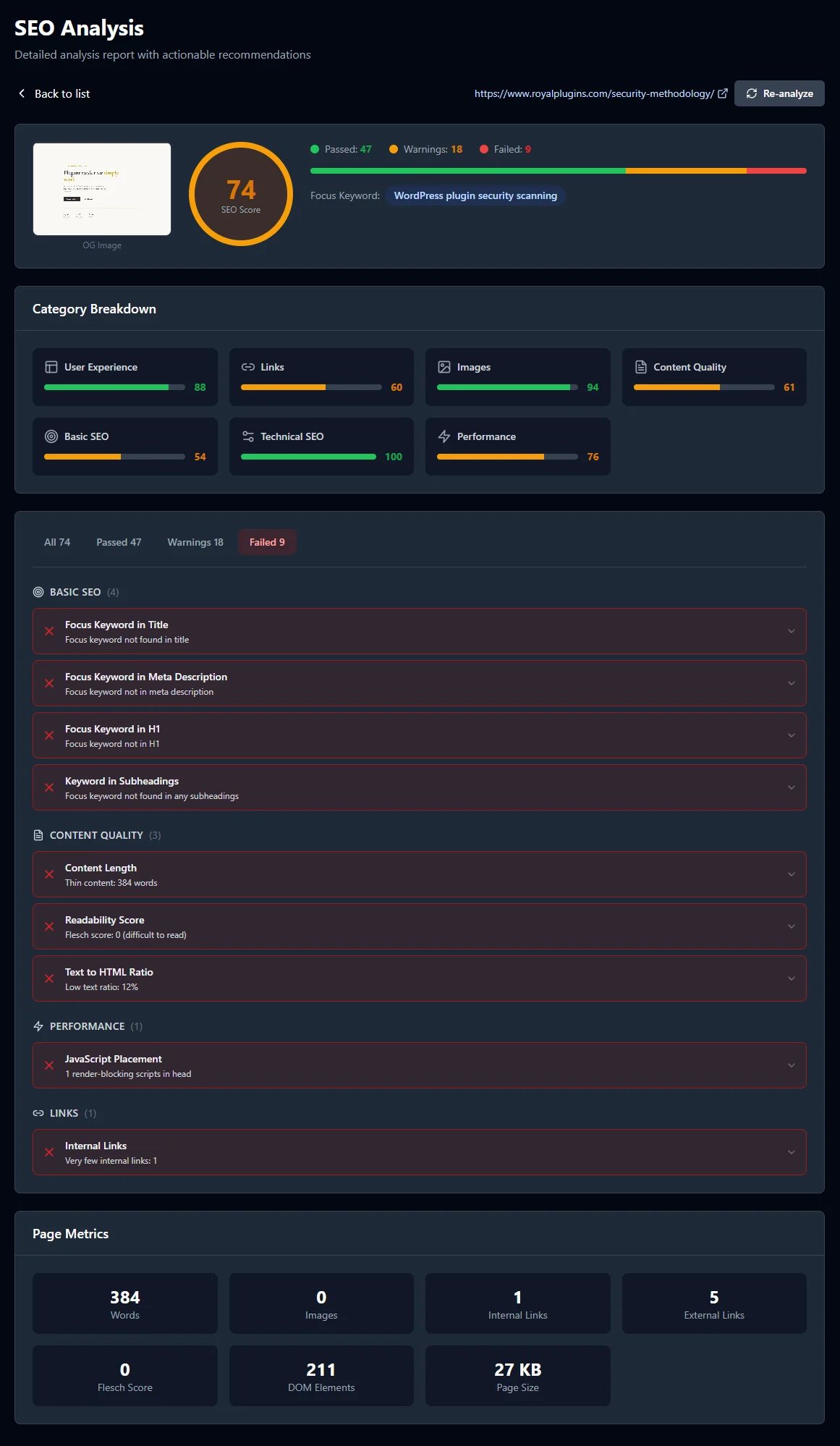 SEObolt SEO Analysis — 57-point on-page audit with category scores and actionable fixes