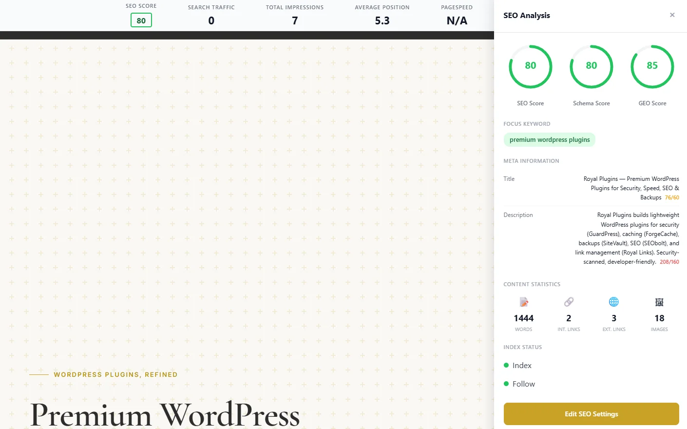 SEObolt SEO Topbar and Analysis Slideout — live SEO metrics overlaid on any website with one-click page analysis panel
